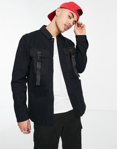 Черная рубашка навыпуск с четырьмя карманами и пряжками Topman-Черный цвет