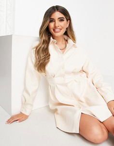Кремовое платье-рубашка мини из искусственной кожи со сборками на талии ASOS DESIGN-Белый
