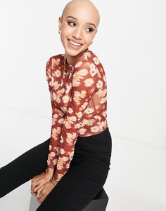 Сетчатый кроп-топ с длинными рукавами и осенним цветочным принтом ASOS DESIGN-Разноцветный