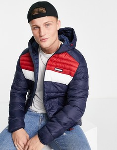 Пуховик в стиле колор блок темно-синего/красного цвета с капюшоном Jack & Jones Essentials-Темно-синий