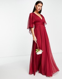 Платье макси ягодного цвета со сборками на лифе, драпировкой, рукавами-пелеринами и запахом ASOS DESIGN Bridesmaid-Красный