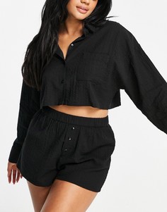 Черный пижамный комплект из рубашки и шорт из ткани добби Topshop-Черный цвет