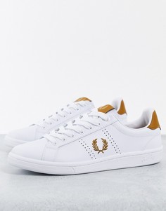 Белые кожаные кроссовки с золотистым логотипом Fred Perry B721-Белый