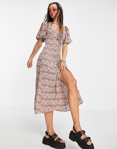 Розовое платье миди на пуговицах с мелким цветочным принтом в стиле casual Topshop-Розовый цвет