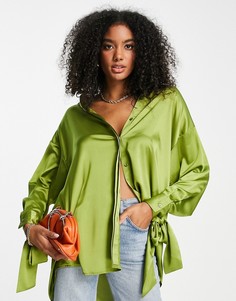 Зеленая атласная рубашка в стиле oversized с завязками на манжетах (от комплекта) ASOS DESIGN-Зеленый цвет