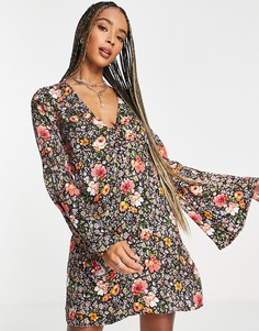 Жаккардовое платье мини на пуговицах с рукавами-колокол Topshop-Разноцветный