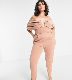 Комбинезон с открытыми плечами, V-образной вставкой и узкими штанинами ASOS DESIGN Curve-Розовый цвет