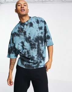 Oversized-футболка из вафельного трикотажа с принтом тай-дай синего и черного цветов ASOS DESIGN-Разноцветный