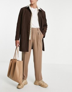 Узкие строгие брюки светло-бежевого цвета с завышенной талией, двойной складкой и разрезом по краю ASOS DESIGN-Светло-бежевый цвет
