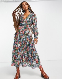 Платье миди с длинными рукавами, оборками и разноцветным цветочным принтом Topshop-Разноцветный