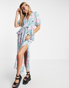 Многоцветное платье миди из атласной ткани с цветочным эскизным принтом Topshop-Разноцветный