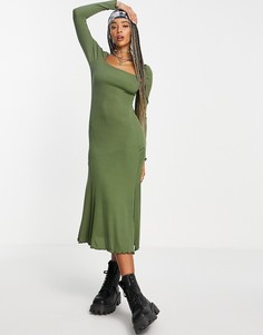 Оливковое трикотажное платье миди с квадратным вырезом Topshop-Зеленый цвет