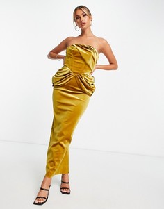 Золотистое бархатное платье мидакси с драпировкой и открытыми плечами ASOS DESIGN-Золотистый