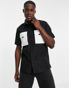 Черная рубашка с коротким рукавами и контрастными карманами Topman-Черный цвет
