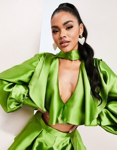 Зеленый атласный топ с большими рюшами (от комплекта) ASOS LUXE-Зеленый цвет