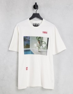 Светло-бежевая oversized-футболка с принтом бассейна и надписью "Scarface" Topman-Белый