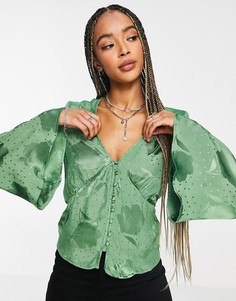 Зеленая жаккардовая блузка на пуговицах с расклешенными рукавами Topshop-Зеленый цвет