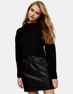 Черная мини-юбка из искусственной кожи на кулиске Topshop-Черный цвет