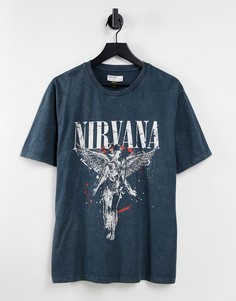 Черная выбеленная футболка с принтом "Nirvana" Bershka-Черный цвет