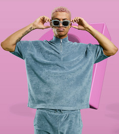 Синяя oversized футболка из махровой ткани с короткой молнией (от комплекта) ASOS DESIGN-Голубой