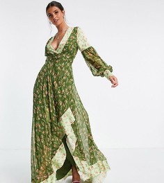 Зеленое платье макси с комбинированным принтом в горошек и поясом из той же ткани ASOS DESIGN Tall-Зеленый цвет