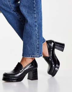 Черные лоферы под крокодила на каблуках и платформе ASOS DESIGN Signature-Черный цвет