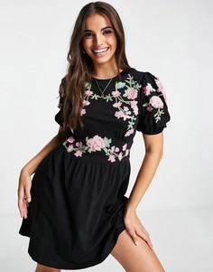 Черное платье мини с пышными рукавами и вышивкой крестиком ASOS DESIGN-Черный цвет
