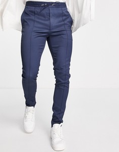 Фактурные строгие брюки скинни темно-синего цвета с поясом на шнурке ASOS DESIGN-Темно-синий