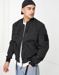 Черный бомбер с несколькими карманами Bershka-Черный цвет