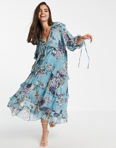 Свободное ярусное платье миди с завязками и цветочным принтом ASOS DESIGN-Светло-бежевый цвет