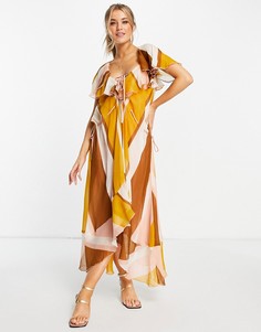 Платье миди в полоску с оборками и шнуровкой спереди ASOS DESIGN-Multi