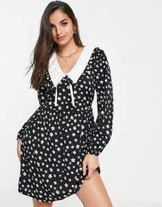 Черное платье мини с воротником и цветочным принтом New Look-Черный цвет