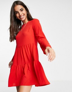 Красное ярусное платье мини с присборенной юбкой и длинными рукавами ASOS DESIGN-Красный