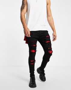 Черные зауженные джинсы с нашивками в виде красной банданы с эффектом потертости Liquor N Poker-Черный цвет