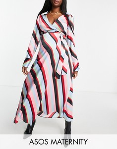 Платье-рубашка миди в разноцветную полоску с запахом ASOS DESIGN Maternity-Разноцветный