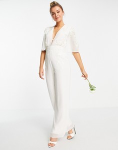 Комбинезон цвета слоновой кости с глубоким вырезом и вышивкой Hope & Ivy Bridal-Белый