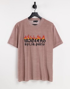 Коричневая махровая футболка в стиле oversized с вышивкой названия города и пламени ASOS DESIGN-Коричневый цвет