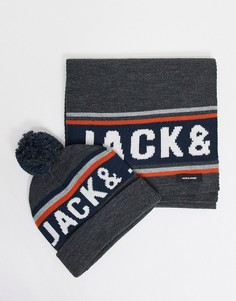 Подарочный набор серого цвета из шапки и шарфа с логотипом Jack & Jones-Серый