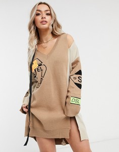 Светло-коричневое oversized платье-джемпер с ремешком и вышивкой Diesel-Коричневый цвет