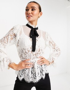 Кружевная блузка с оборками и вставкой из ткани добби ASOS DESIGN-Белый