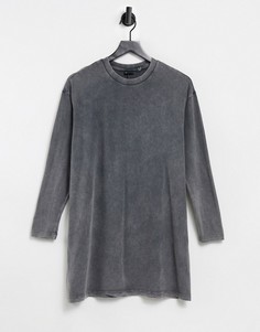 Темно-серое платье-футболка в стиле oversized с эффектом кислотной стирки и длинными рукавами ASOS DESIGN-Черный цвет