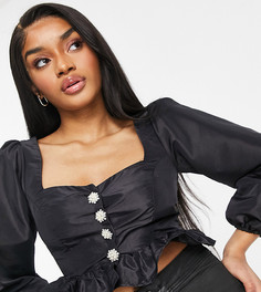 Топ из тафты с длинными рукавами и отделкой стразами на пуговицах ASOS DESIGN Petite-Черный цвет