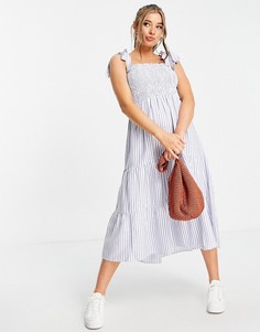 Синее ярусное платье миди в полоску с завязками на бретелях New Look-Голубой