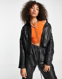 Черная куртка из искусственной кожи с декоративной шнуровкой Topshop-Черный цвет