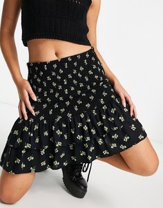 Присборенная мини-юбка черного цвета с принтом Miss Selfridge-Черный цвет