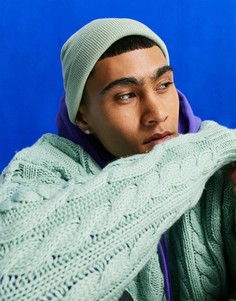 Маленькая вязаная резинкой шапка-бини цвета морской пены ASOS DESIGN-Зеленый цвет