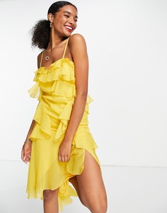 Желтое платье миди косого кроя с присборенной бретелью на спине ASOS DESIGN-Желтый