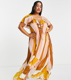 Платье миди в полоску с оборками и шнуровкой спереди ASOS DESIGN Curve-Разноцветный