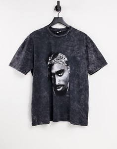 Черная выбеленная oversized-футболка с принтом с Тупаком Topman-Черный цвет