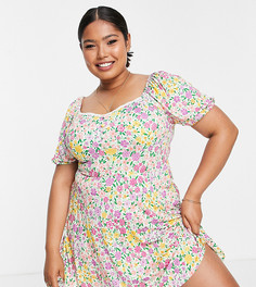 Платье мини с короткими рукавами, кружевной отделкой и ярким цветочным принтом ASOS DESIGN Curve-Разноцветный